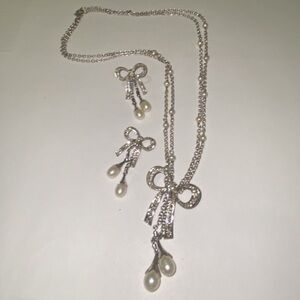 925 SILVER SET RIBBON BOW DROP NECKLACE & EARRINGS with DIAMONDS & PEARL ACCENTS